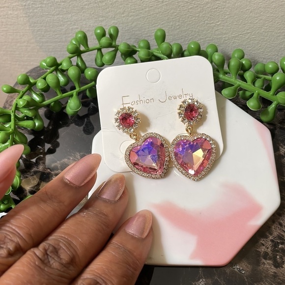 Iridescent Pink Heart Drop Earrings - Picture 7 of 11